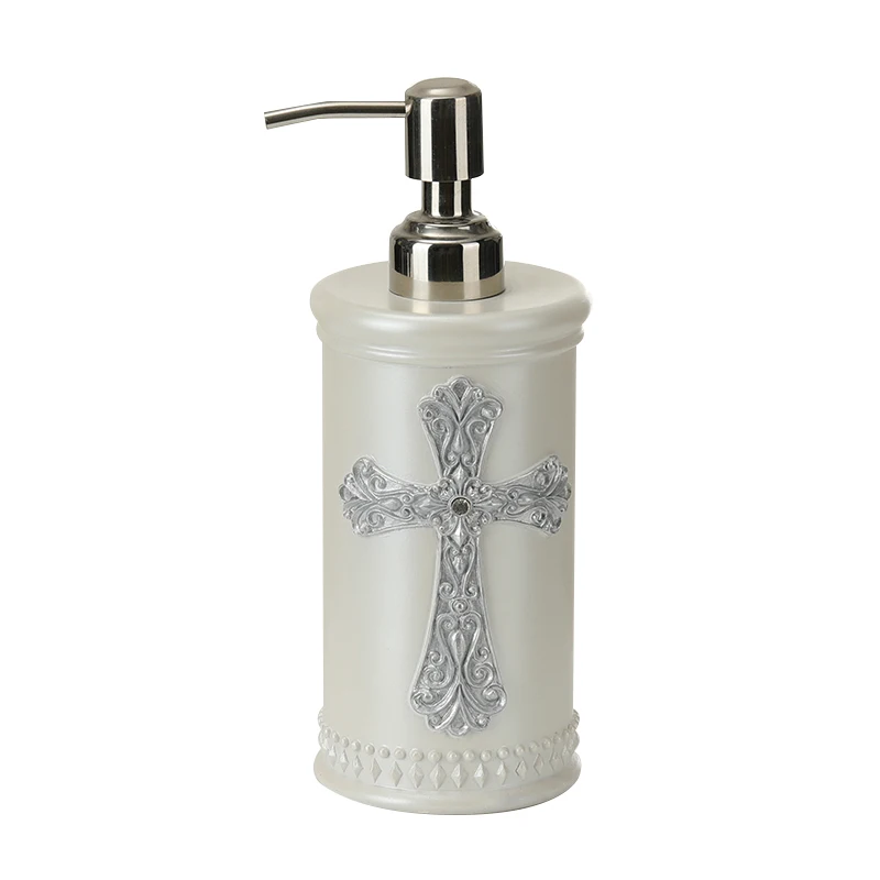 Custom Design Resin Lotion Dispenser Cylinder Shaped White Cross Refillable Shampoo Container Polyresin Hand Soap Dispenser
