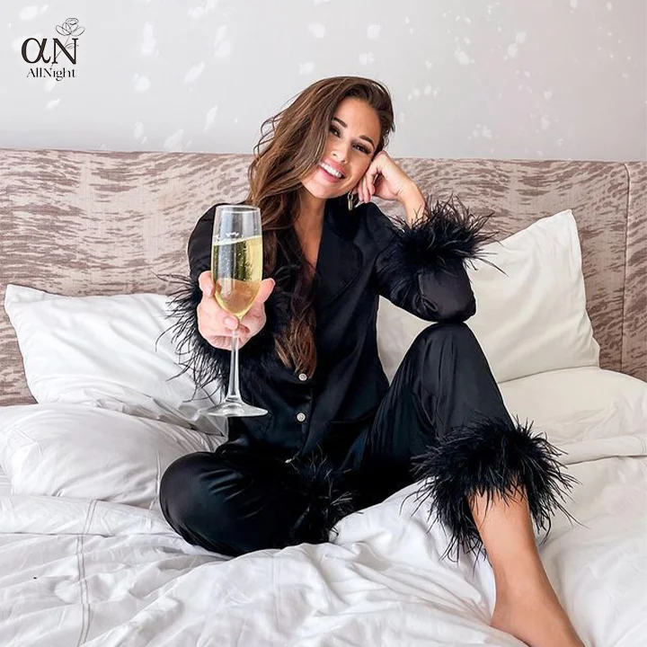 New Solid Color Custom Mature Women Silk Nighty Sleepwear Women Casual Long Pants Feathers Decoration Women Lng Sleeve Tops