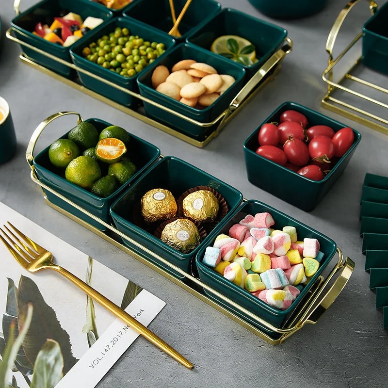 Malachite Green Ceramic six-grid dry fruit plate sub-grid with Iron Rack Living Room Candy Melon Seeds Three Grid Plate Snack su