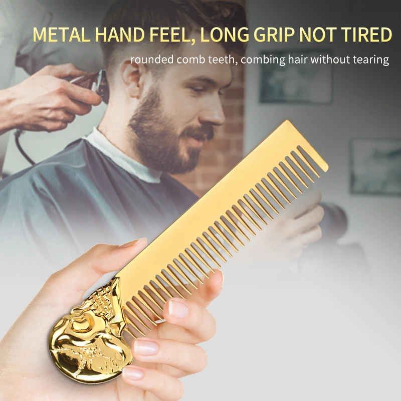 Wholesale Custom Logo Gold Skull Zinc Alloy Metal Beard Comb Oil Hair Gentleman Shaping Tool Zinc Alloy Metal Portable Comb