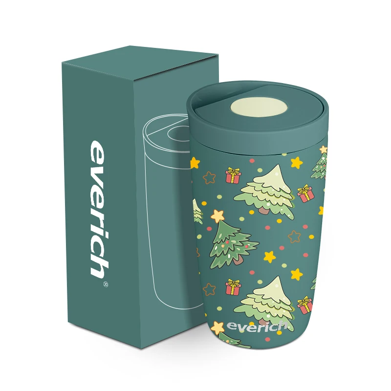 Christmas Style Portable Leak Proof Thermo Coffee Mug Vacuum Stainless Steel Button Lid Coffee Mug 12 Ounce