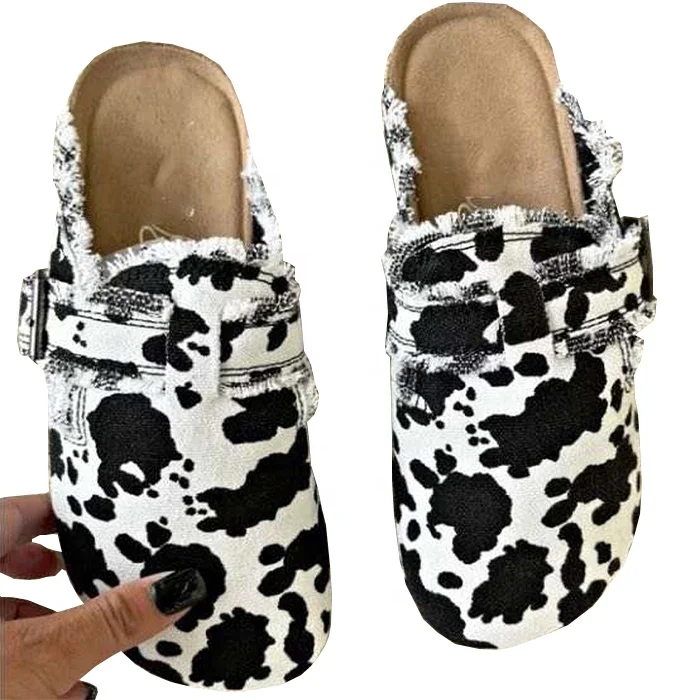 Free Shipping Wholesale Western Style Soft Buckled Start Print Cow Print Sunflower Slip On Shoes Women Leopard Slippers