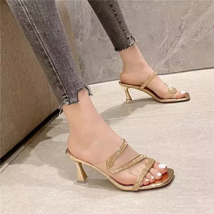 Large Summer New Square Headed High Heels B009 Water Diamond Fish Mouth Slim Heel Sandals