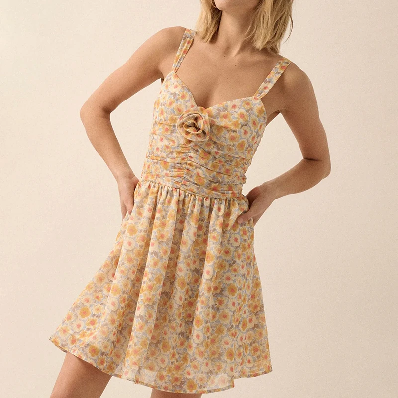 Custom Oem Casual Summer Dresses Elegant Printed Rosy Romance Ruched Floral Chiffon Mini Sundress