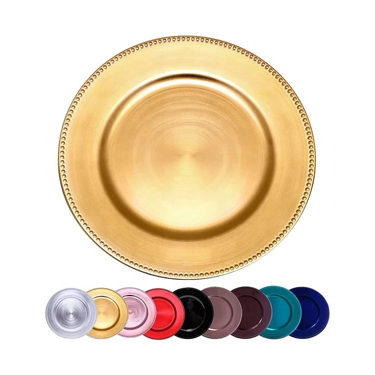 Wholesale 13inch Beaded Round Plastic Charger plates Metallic Gold Charger Plates Wedding decorative