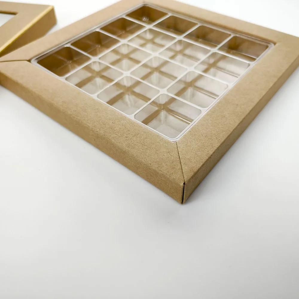 Large Food Contact 25 Pieces Clear Lid Kraft Paper Folding Display Box For Chocolate Tablets