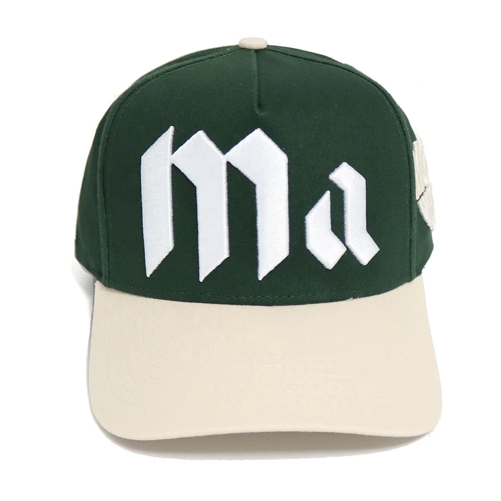 factory  two Tone hat forest green and beige customize 3D embroidery side back flat embroidery snapback curved brim hat