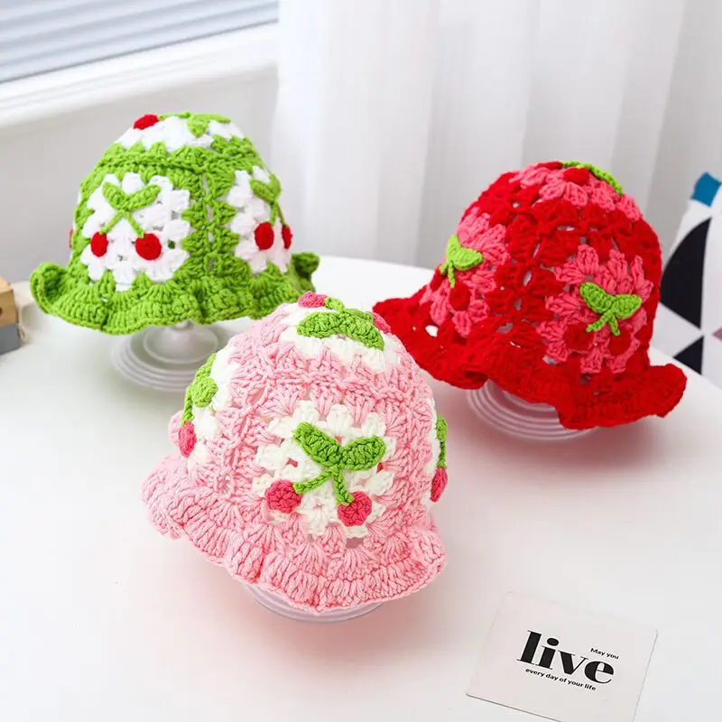 Wholesale vintage flowers hand-knitted fisherman hat women sweet hollow flowers crochet bucket hat