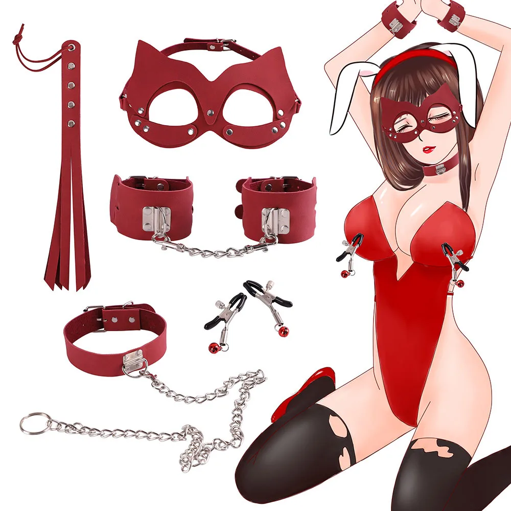 Bondage Face Mask Breast Clip 5-Piece Set Couple Sex Toys Leather Bondage Kit