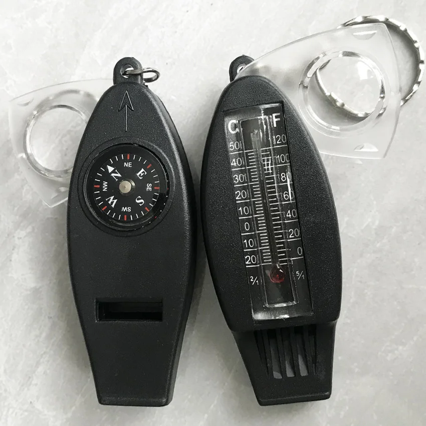 4 in 1 Multifunctional Keychain Compass 20MM Whistle Thermometer and magnifier for Outdoor Sports Promotion Gifts