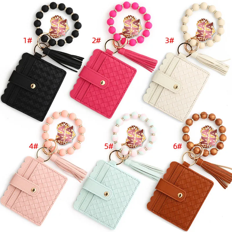 New Mama Silicone Bead Keychain Wallet Wristlet Bulk Keychain Wristlet Pu Leather Custom Beaded Bracelet Wallet