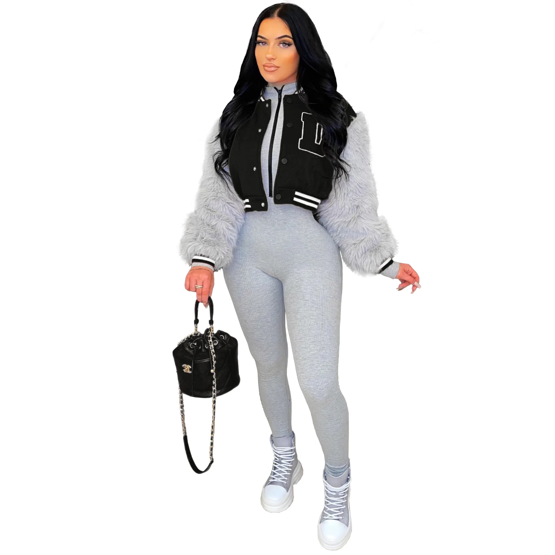 2022 Winter Women Fur Sleeve Jacket Short Baseball Coats Faux Rabbit Fur Baseball Jacket Coat Outwear Fur Coat Jacket