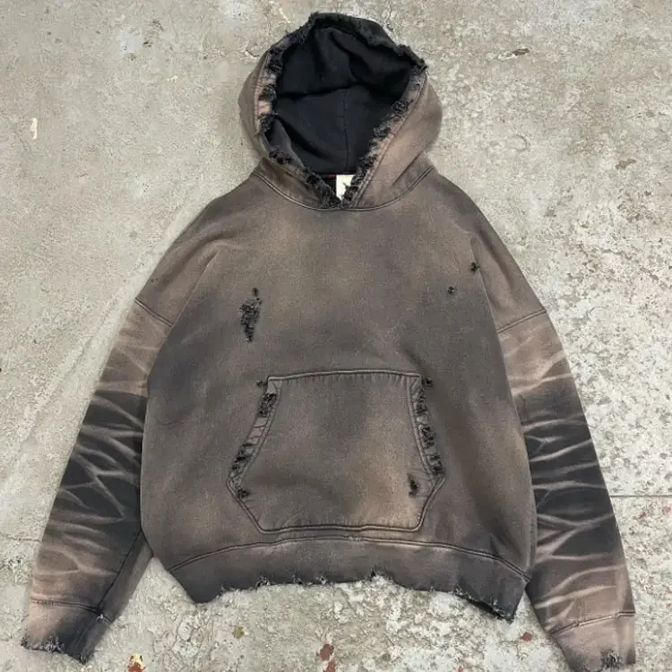 Washed Boxy Cropped Distressed Hoodies 500Gsm Cotton Mens Hoodies High Quality Oem 700Gsm 65 Cotton 35 Polyester Hoodie