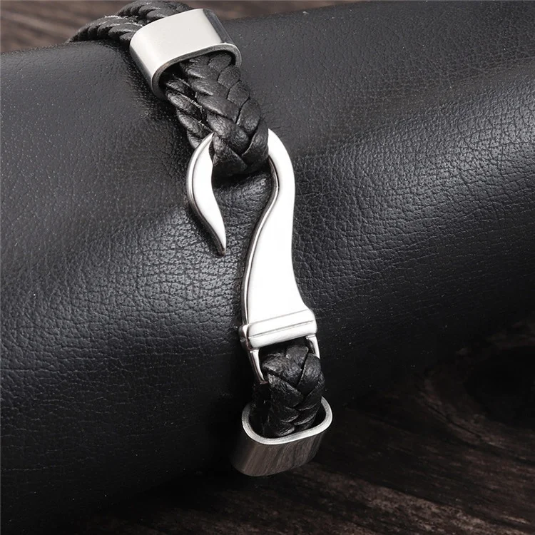 Innovative Products 2020 Stainless Steel Two Layers Genuine Leather Mens Fish Hook Bracelet