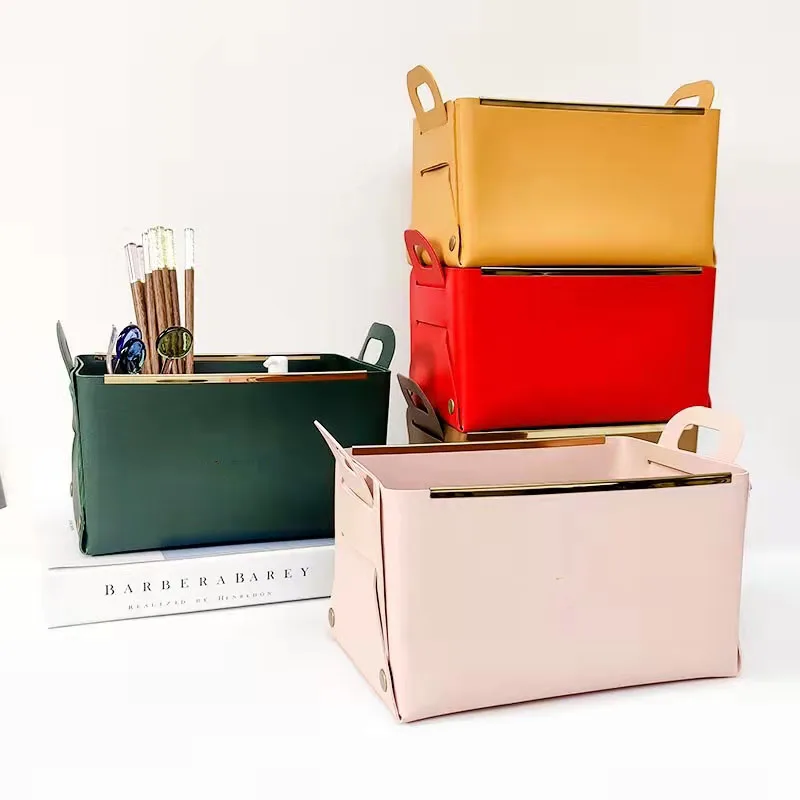 Desktop PU Leather Storage Box Foldable Sundries Storage Basket Leather Metal Tray With Handle Home Decor