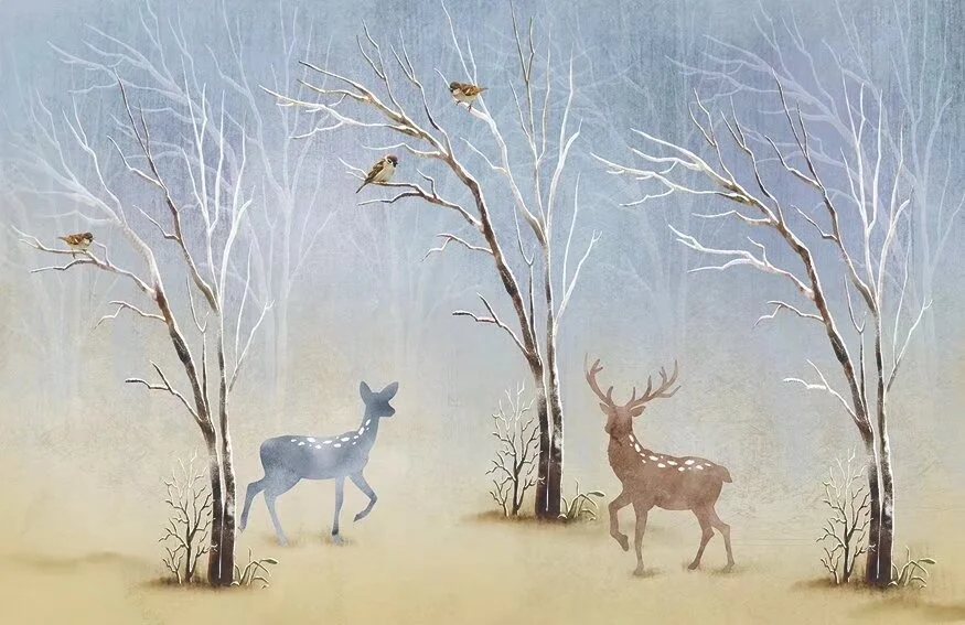 chrismas abstract snow elk forest bird tree design print big size custom up to 3*5m & 3.2*10m/piece high-end fabric wall mural