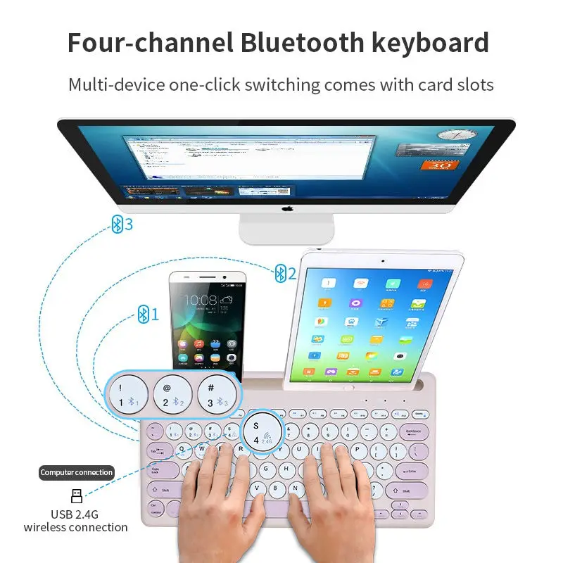 Rechargeable Three Bt Wireless keyboard 78 Keys Retro Round Keycaps Keyboard suitable