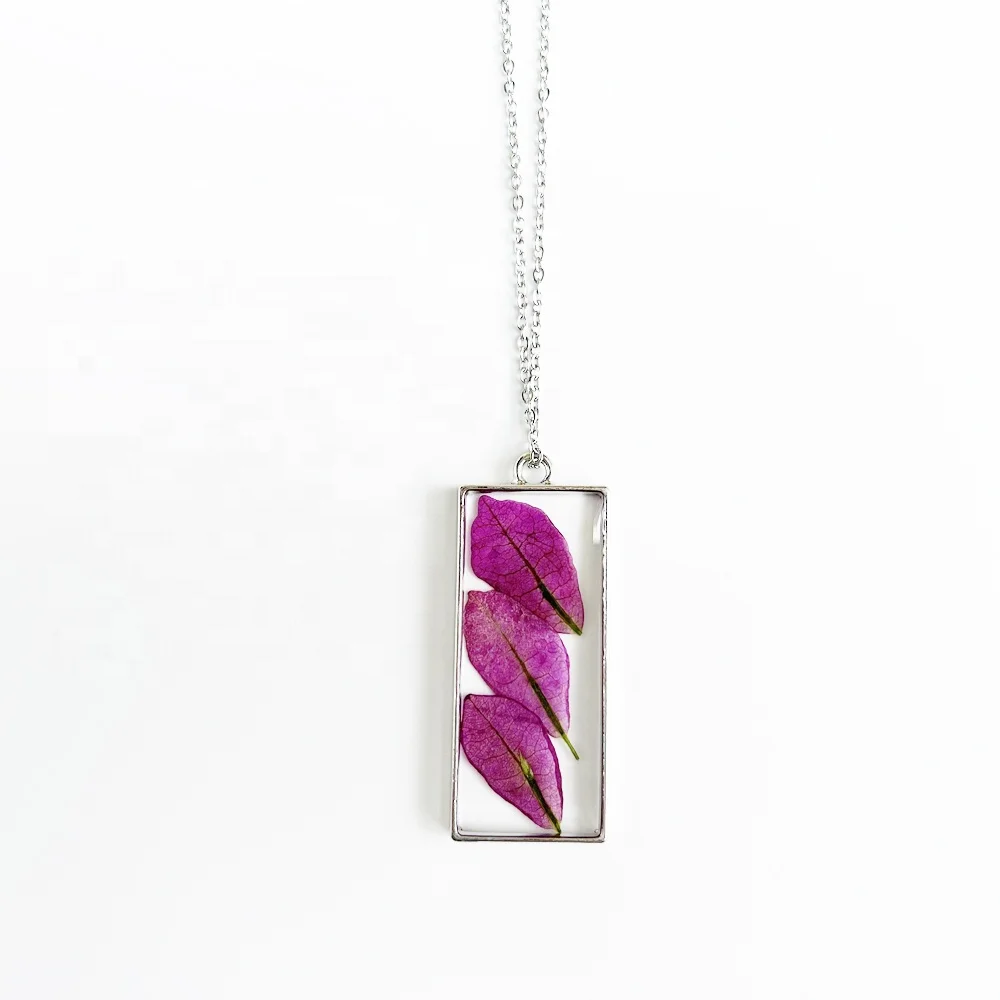 Gold flake in epoxy resin frames Natural flower pendant preserved real pressed bougainvillea petal necklace