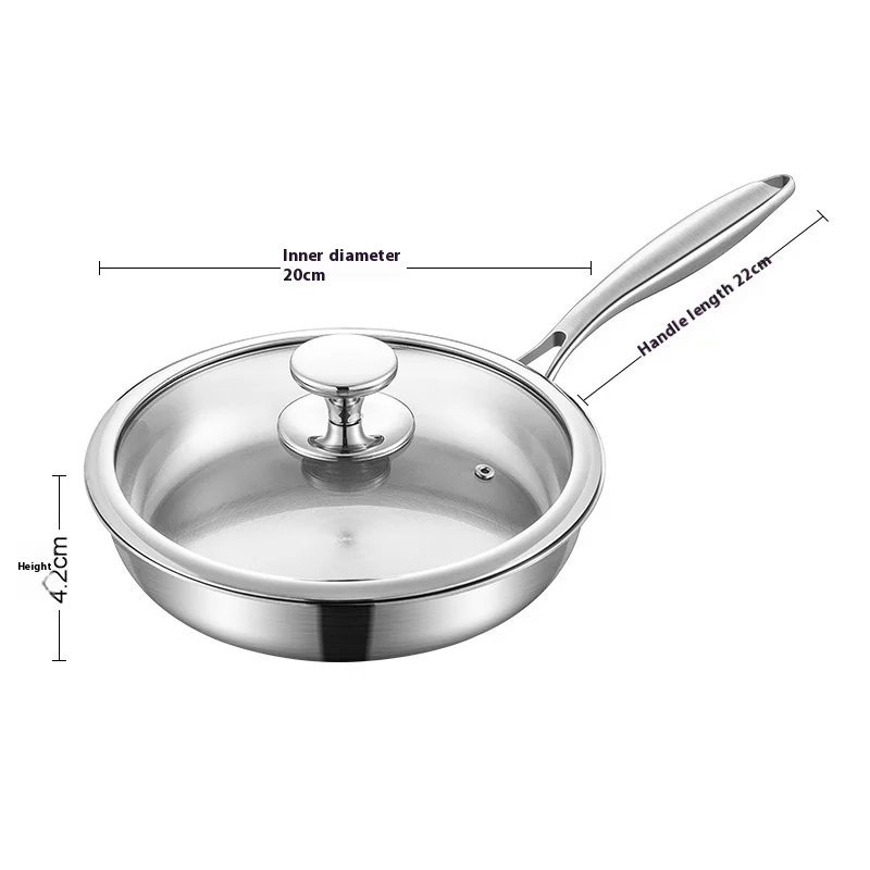 24/26/28cm American Style Kitchen Cookware 304 Stainless Steel Frying Pan with Glass Lid Three-Layered 304 Stainless Steel