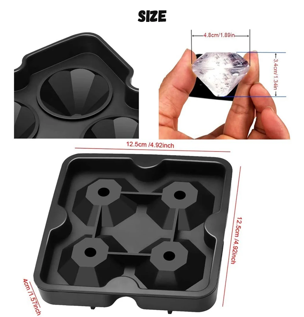 Amazon Hot Selling  Diamond Silicone Ice Cube Mold  4 Cavities Soft  Ice Cube Maker Tray with Cover