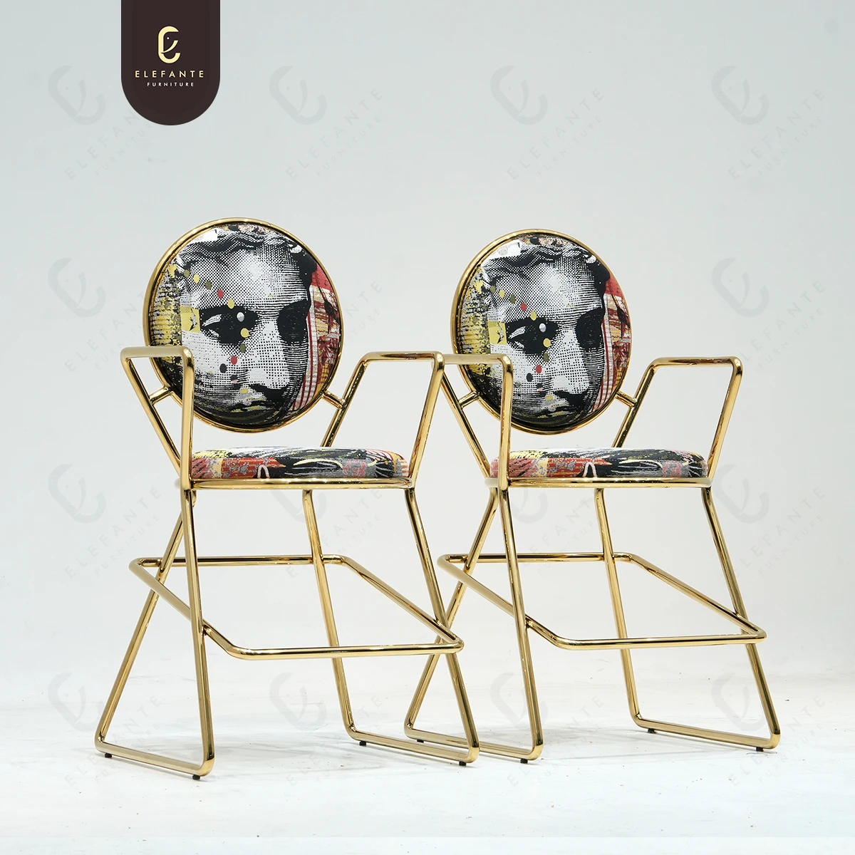Modern Artistic Stainless Steel Chair Simple Golden Armrest Backrest Barstools with Printed Cushion
