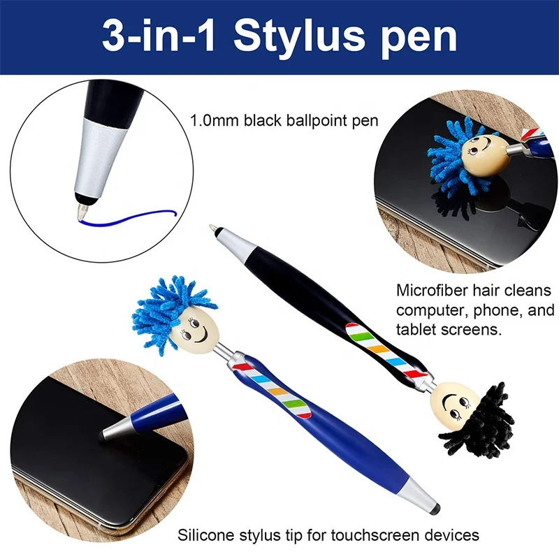 Cute cartoon character mr mop top ball point pen, mop topper pens with touch stylus pen