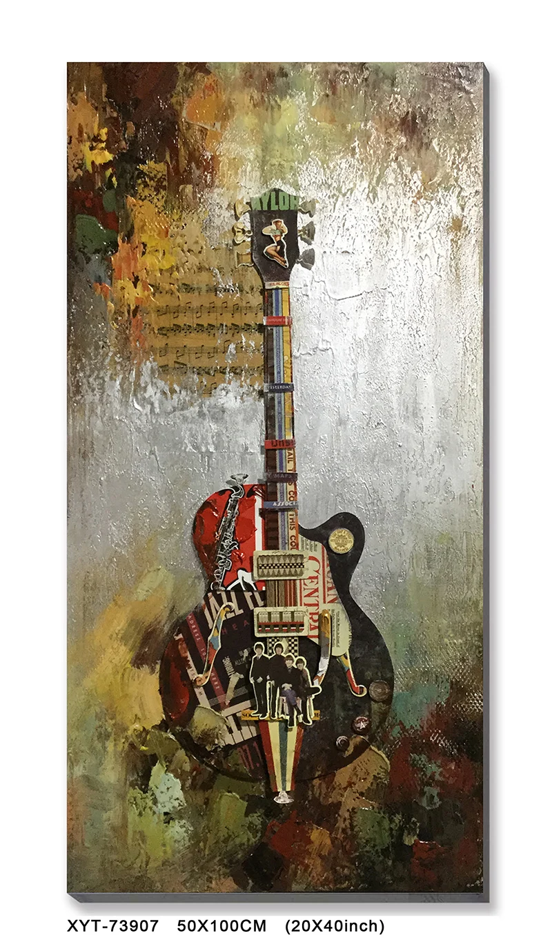 Home decor Abstract background oil Painting on canvas with black guitar paper collage art