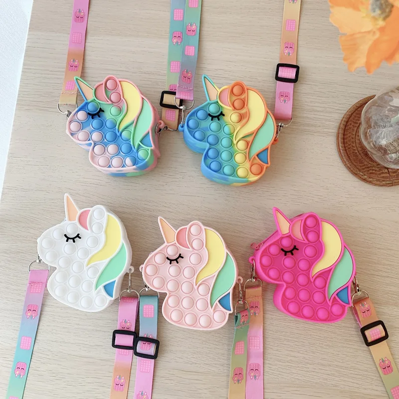 New Arrival Small Silicone Mini Cartoon Kids Push Pop Bubble Fidget Toy Unicorn Purse Bag