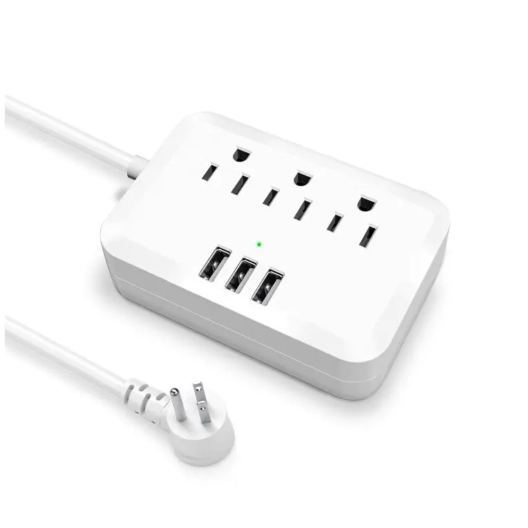 New Product Many Flat Plug 3 AC and 3 USB Extension Socket US Standard Power Strip with USB