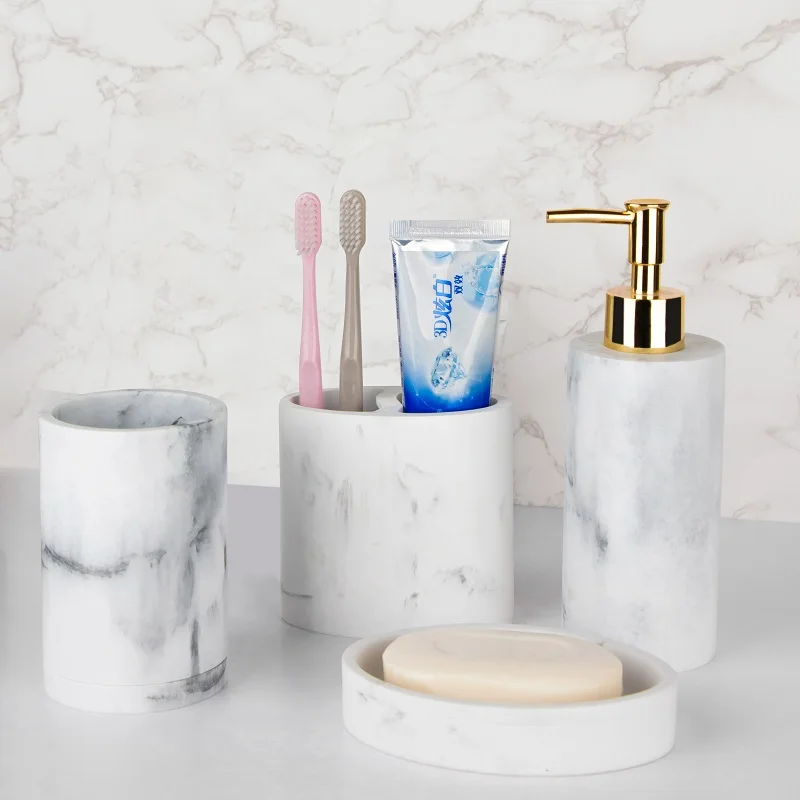 Custom logo luxury polyresin marble sandstone wooden bathroom accessories set good quality