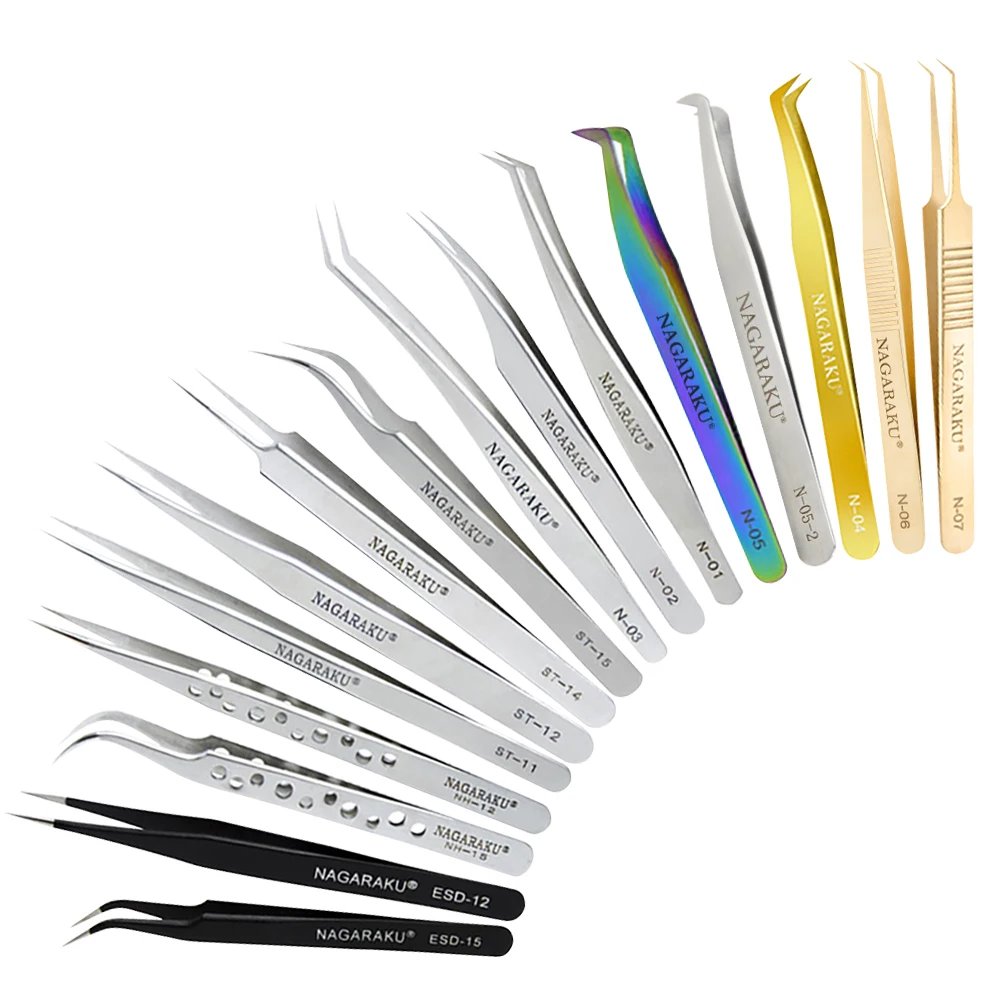 
NAGARAKU Stainless Non-magnetic Eyelash Extension Tweezers False Eyelash Volume Stainless Steel Straight and Curved 