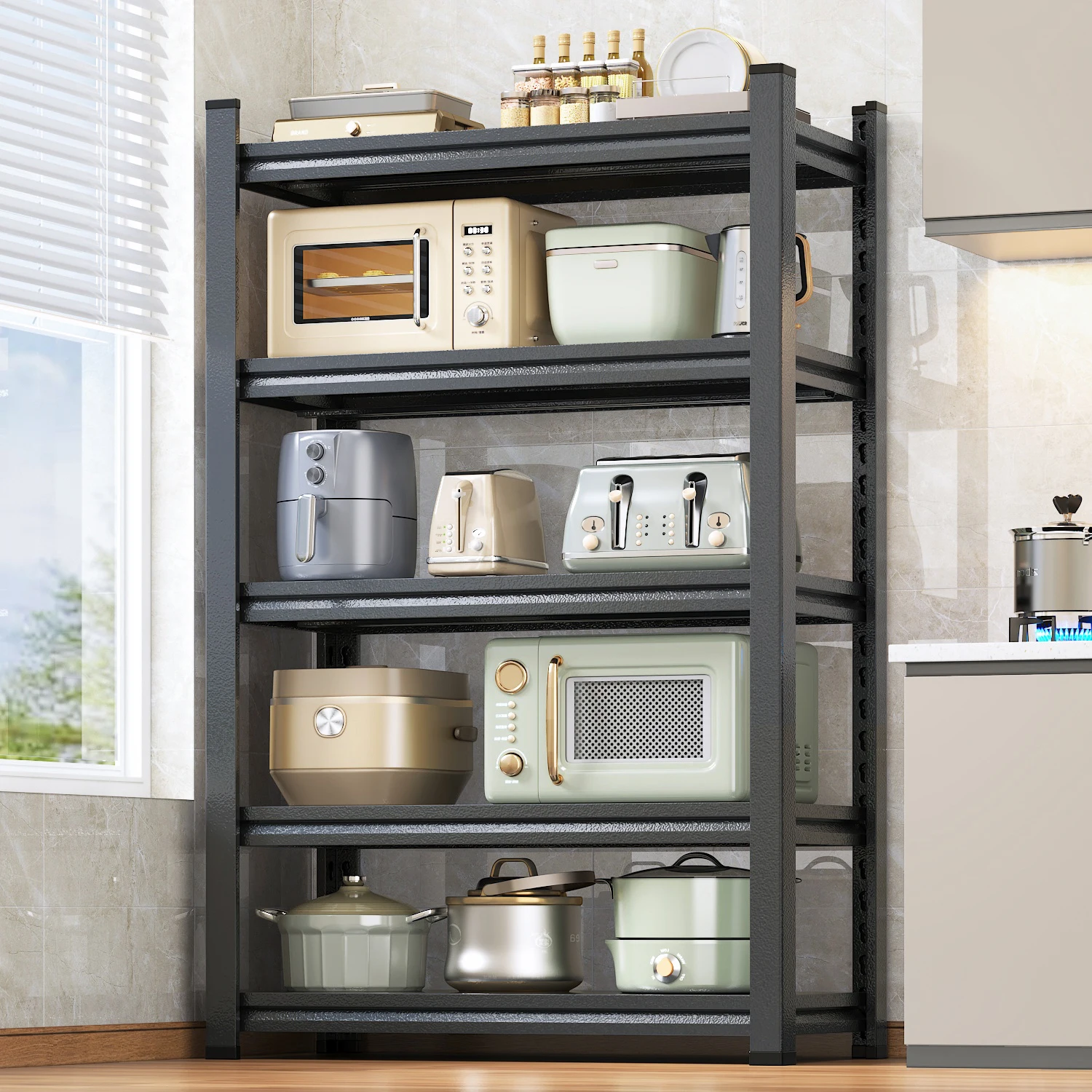 Multi-functional Metal Kitchen Rack Stainless Steel Simple Kitchen Rack 5 Tire White and Black Shelving Storage Boltless Rack