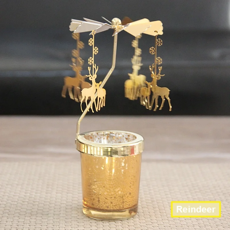 Family Holiday Sliver Wrought Iron Christmas Romantic Wedding and Table Decoration Heat Wind Rotating Tealight Candle holder