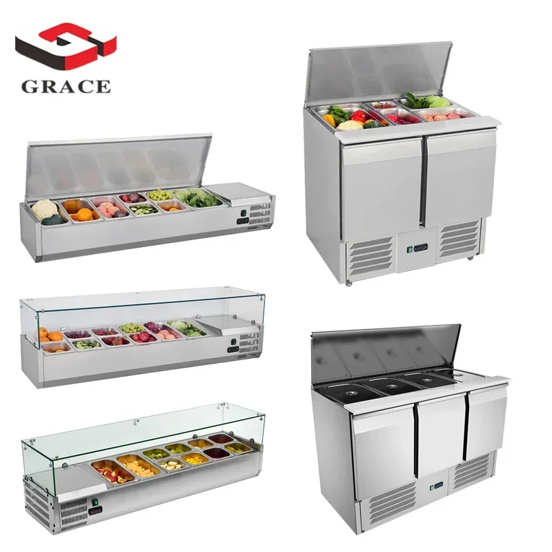 Customizable Grace Commercial Refrigerated Chiller Saladette Bar Worktop Stainless Steel Display Buffet Salad Counter