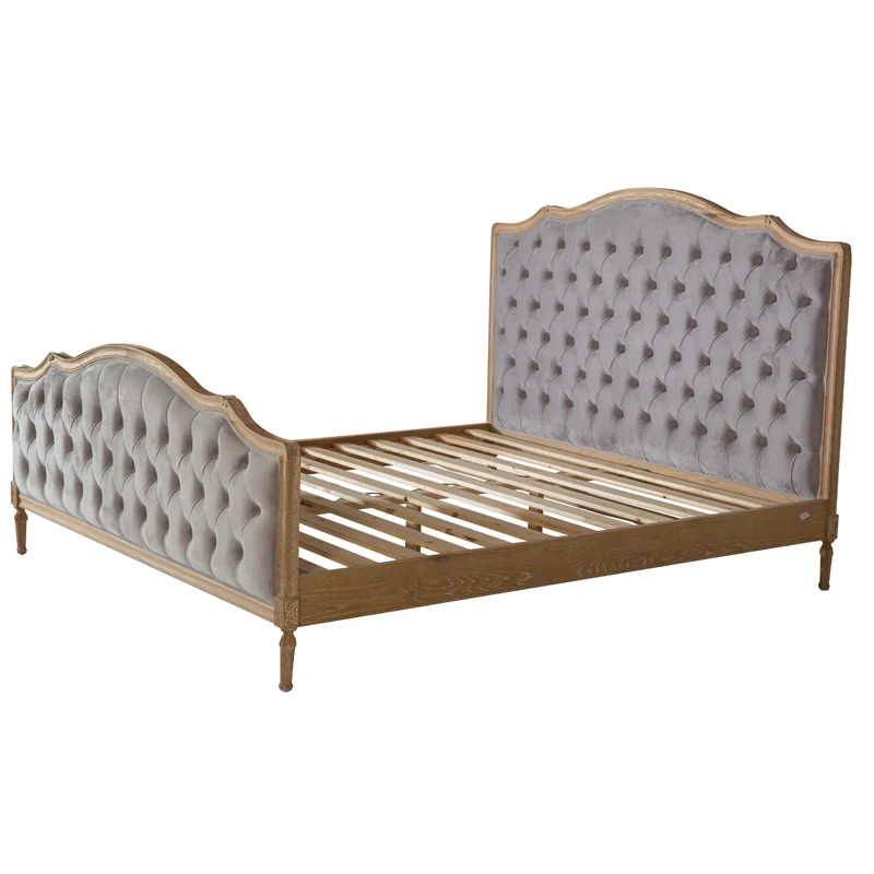 Vintage Grey Velvet Sleeper Bedroom Furniture Wood Slat Bed Base King Frames Upholstered Upholstery French Carving Bed Designs