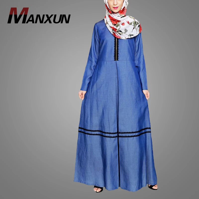 Denim Abaya with Pretty Lace Arabic Abaya Turkey Islamic Clothing Soft Fabric Dubai Muslim Dress For Woman
