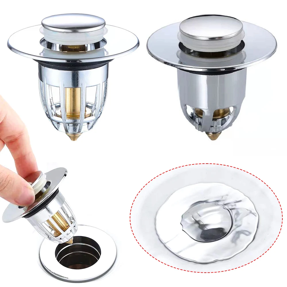 Bathroom Sink Stopper Pop Up Drain Stopper with Bullet Core Push Type Anti-Clogging Tub Stopper with Filter Basket