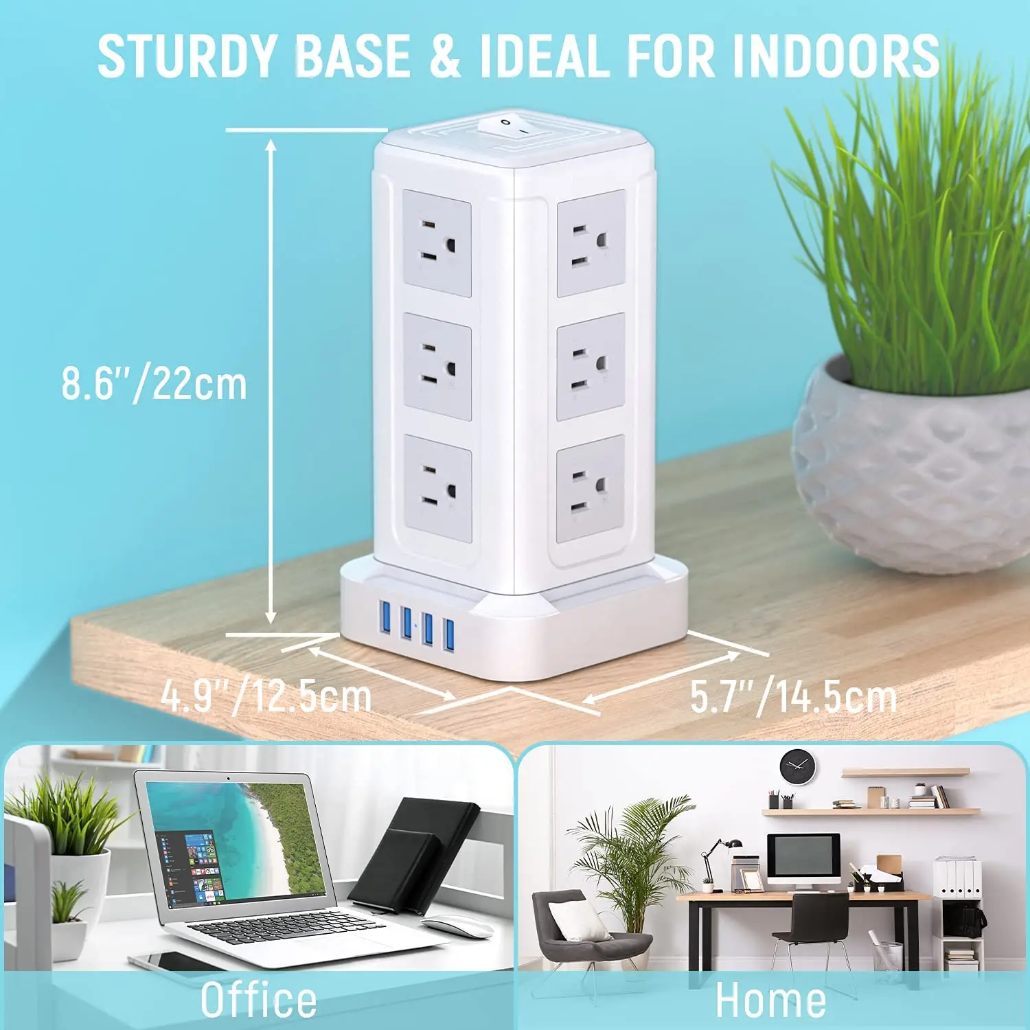 Vertical Smart Tower Mains Power Strip Extension Socket 4 USB Port Adapter Multifunction Electrical With Switch