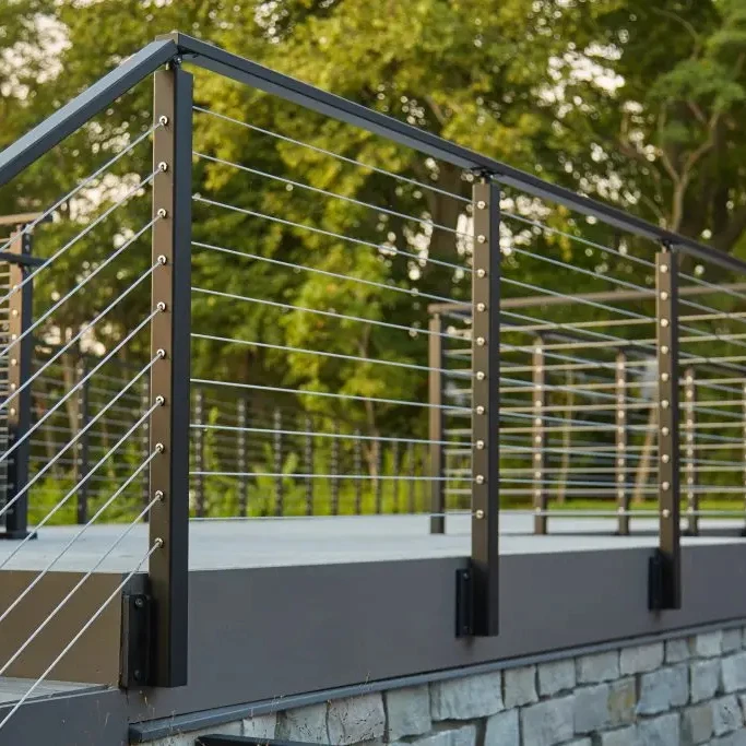 American style exterior patio aluminum post wood handrail with stainless steel cable railings from Foshan manufacturer