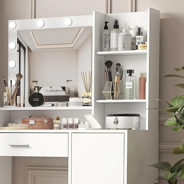 Modern home furniture wooden dressing table makeup designs mirror with drawer set modern white