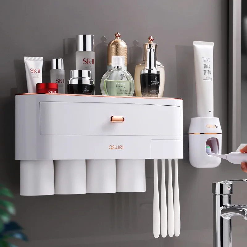 New Design Multifunctional Automatic Toothpaste Tube Dispenser Wall Mounted Plastic Bathroom Organizer Toothbrush Holder