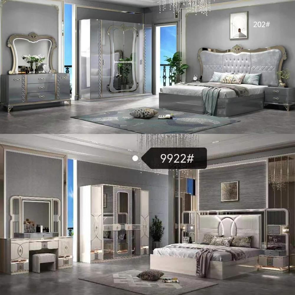 Modern Villa House Full Luxury Suite King Size Leather Double Bed Classic Design Wooden Bedroom Furniture Set