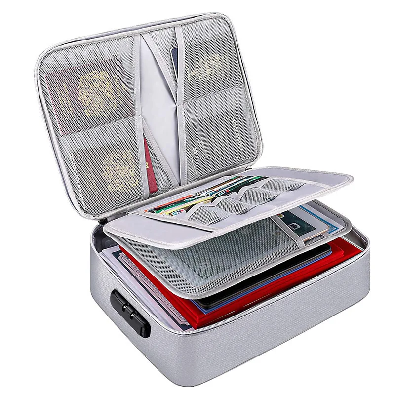 3-Layer File Storage Case Portable Important Document Organizer Fireproof Waterproof Safe Document Bag with Lock