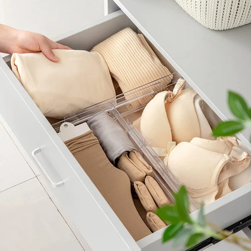 4 pcs pack plastic Transparent Desk Organiser Adjustable Drawer Dividers Drawer Organiser for Cupboard Underwear Socks