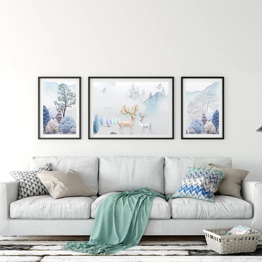 Luxury Home Decor Glass Framed Blue Color Abstract Canvas Wall Art