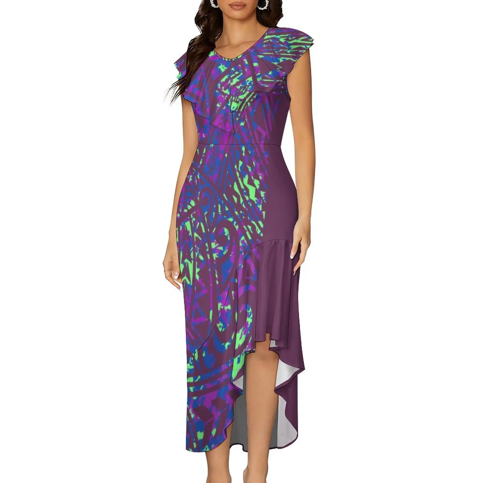 pacific island ruffles slim fit sexy ladies dress tropical printed summer elegant party hawaiian polynesian tribal design dress