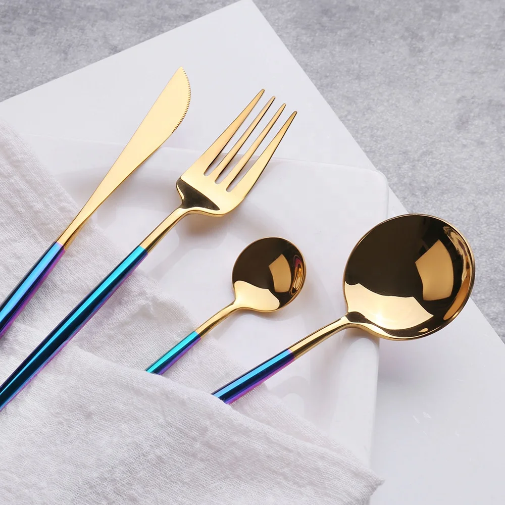 
Royal 4 Piece Matte Blue Handle 18/10 Stainless Steel Gold Tableware Sets Forks Spoons Knives Silverware Utensils Set 