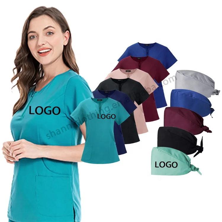 Wholesale Female Polyester Fabric Zipper O-Neck Scrub Suits with Surgical Hat Medical Clothes Uniforms