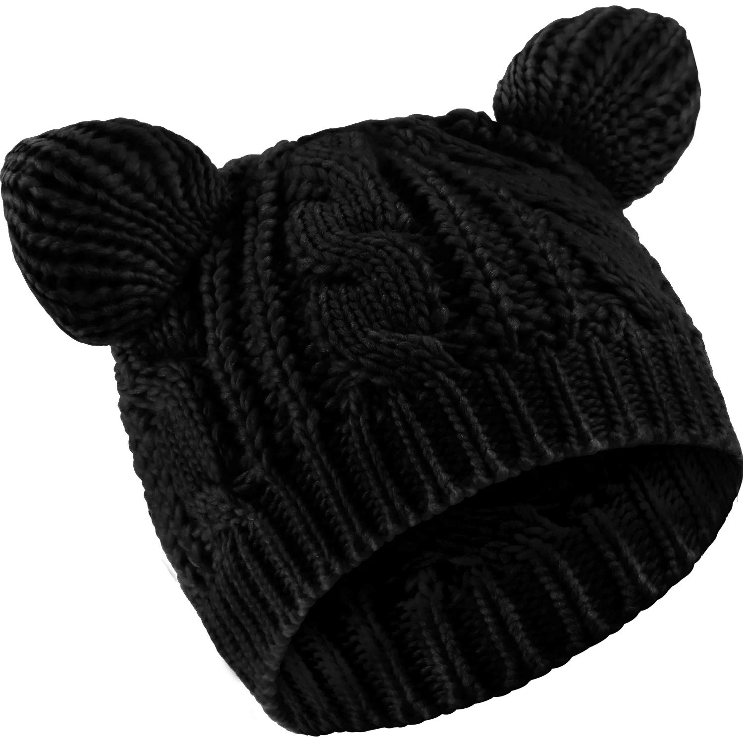 Unisex Custom Cute Cat Ears Beanies Hat Winter Knit Cable Slouchy Hat for Women Girls Teens Made from Cotton Acrylic