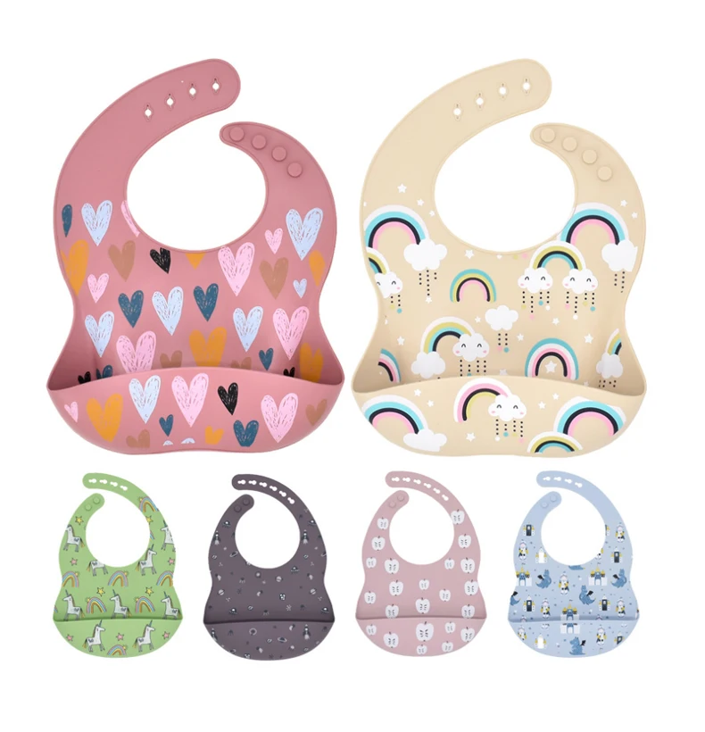 Bavoir en silicone Water Proof Bibs Silicon Babero Bebe Roll Up Silicone Bib Set Custom Prints Baby Bibs